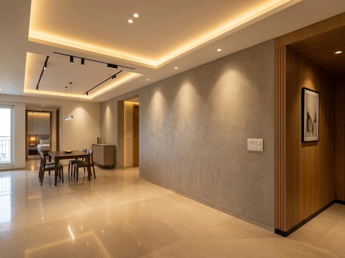 Entrance hall by K.I.D Interior Studio with a microcement wall, timber niche and warm cove ceiling