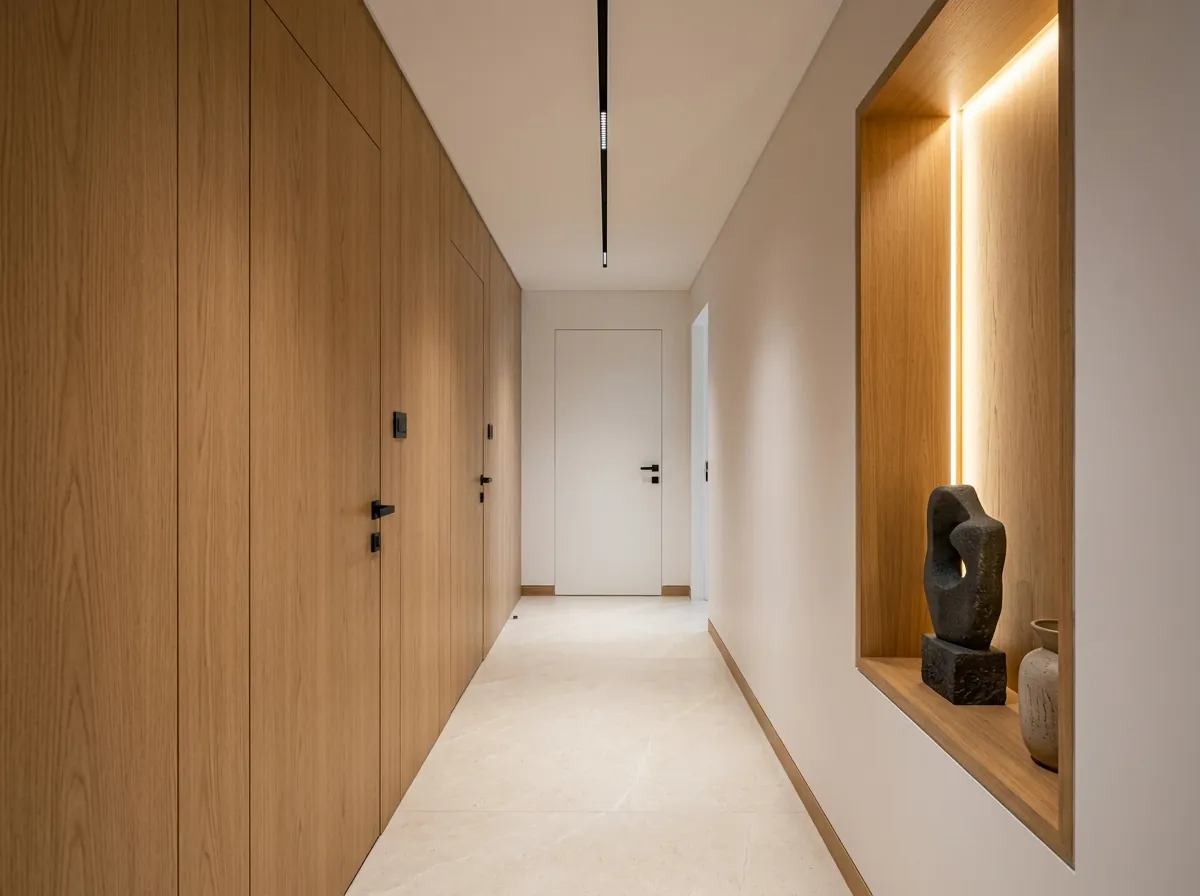 Corridor with full-height oak veneer doors and a backlit stone niche