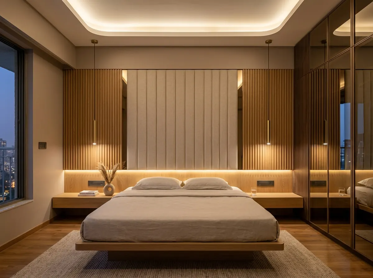 Acoustic Slats & Fabric Master Suite — Bedroom interior in Andheri West, Mumbai