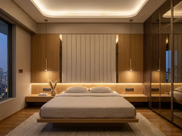 Master bedroom with slatted headboard wall and floating bedside ledge