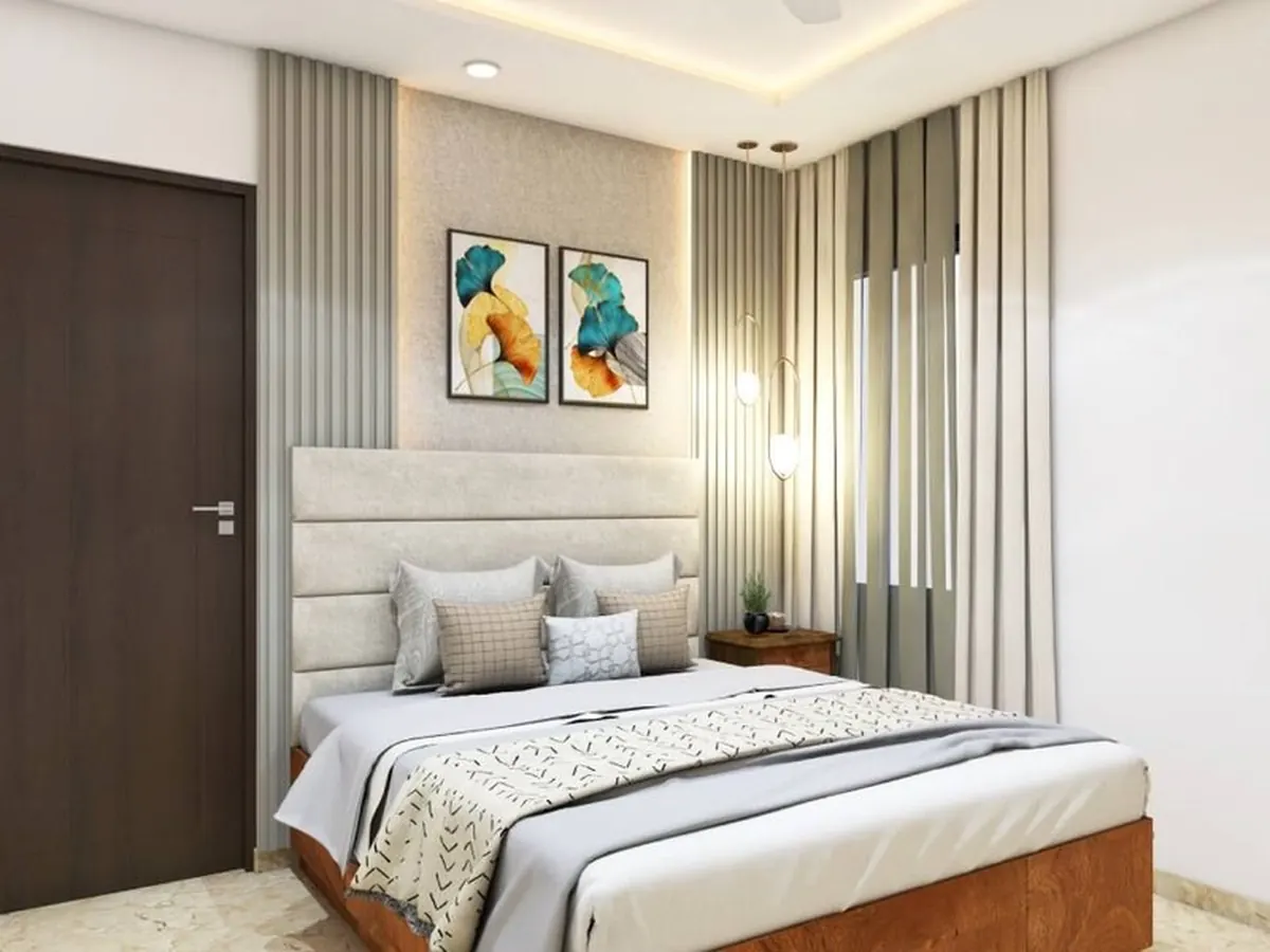 Luxury Executive Suite with Fluted Wood Backdrop — Bedroom interior in Prabhadevi, Mumbai