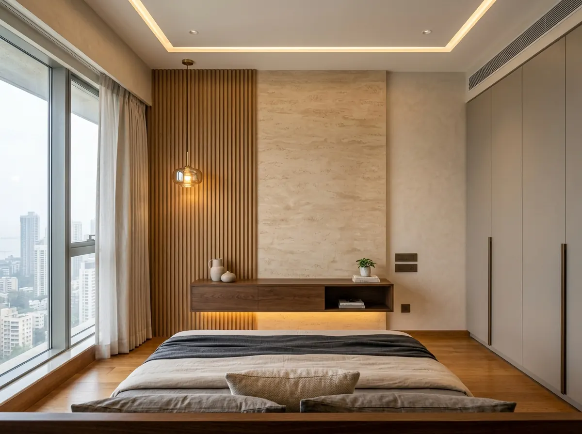 High-Rise Master Bedroom with Fluted Wood — Bedroom interior in Worli, Mumbai