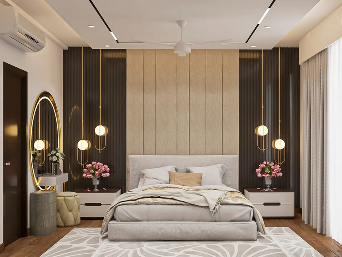 Beige Suede Headboard & Floating Bedside Ledges — Bedroom interior in Borivali West, Mumbai