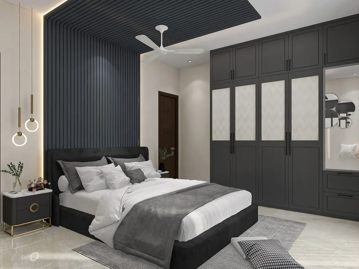 Bronze Fluted Glass Sliding Wardrobe Suite — Bedroom interior in Kandivali West, Mumbai