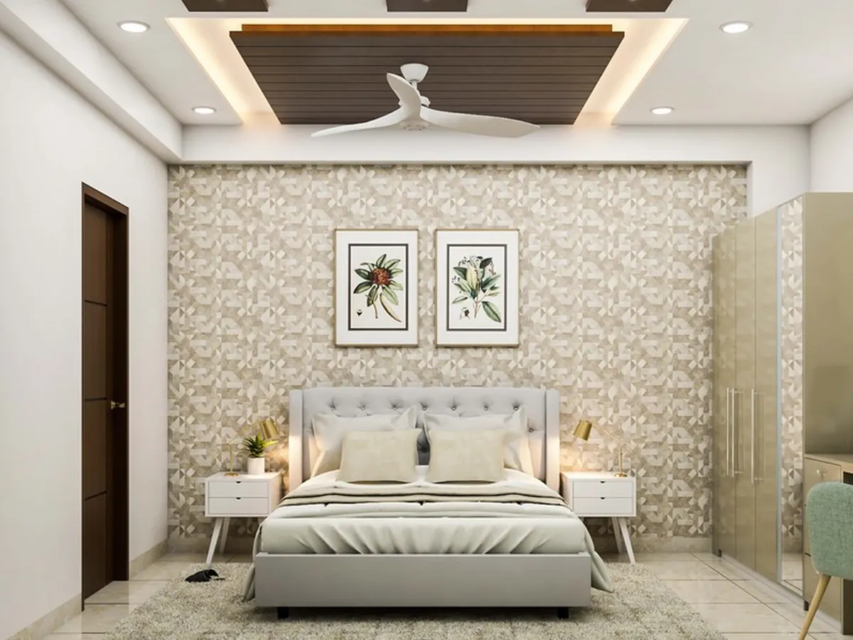 Wooden Rafter Ceiling & Brass Drop Pendant Suite — Bedroom interior in Bandra West, Mumbai