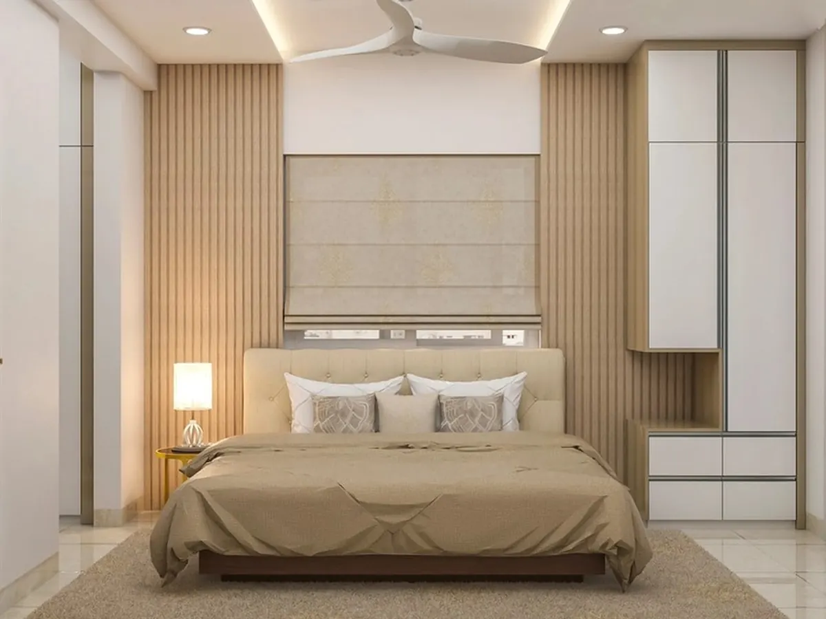 Champagne Velvet & Circular Backlit Vanity Bedroom — Bedroom interior in Juhu, Mumbai