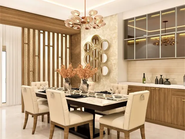 Dining room with chandelier, fluted partition and built-in crockery unit