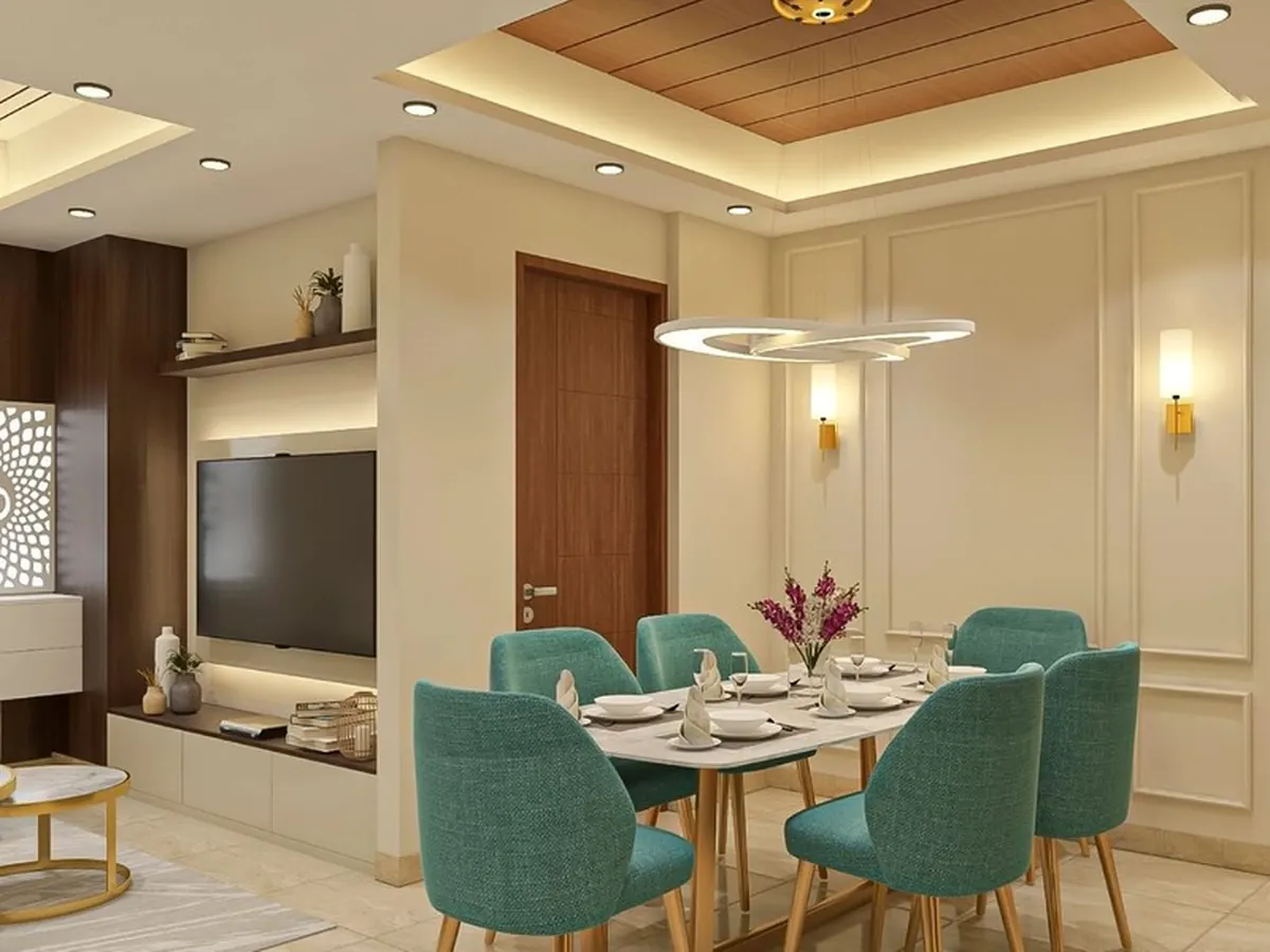Fluted Wood Partition & Contemporary Dining Zone — Dining interior in Andheri West, Mumbai