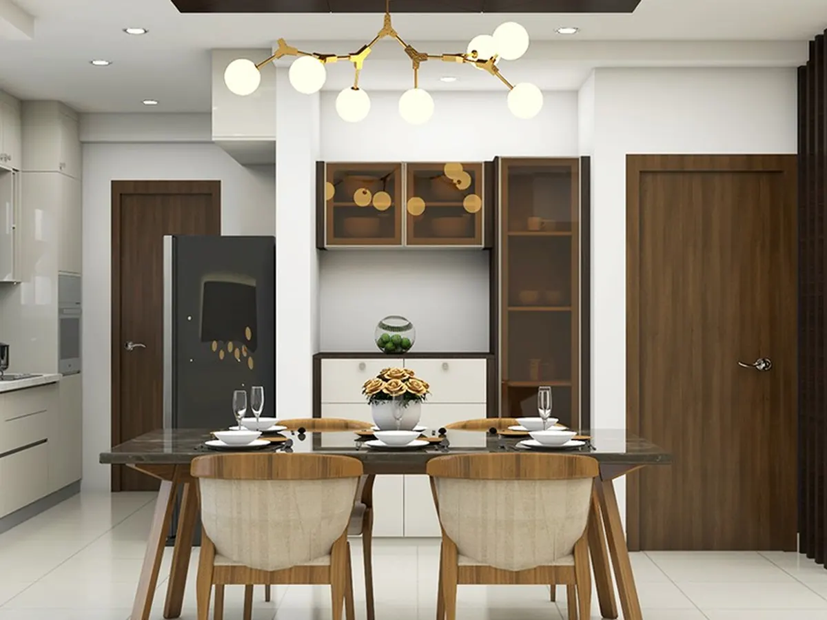 Walnut Veneer Wine & Silverware Display Unit — Dining interior in Bandra West, Mumbai