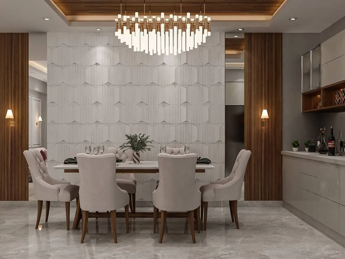 Smoked Bronze Mirror Accent Dining Room — Dining interior in Powai, Mumbai