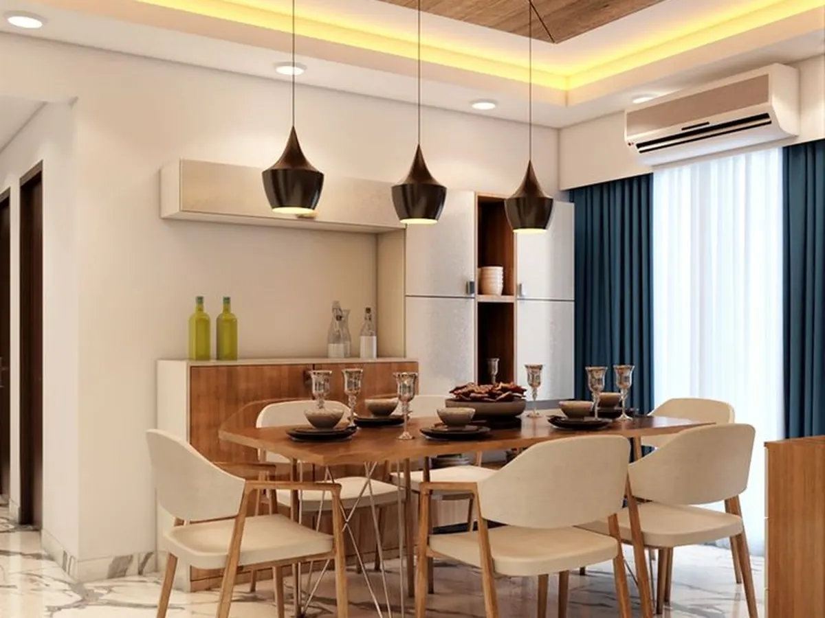 Solid Teak Dining Table & Warm Textured Dining — Dining interior in Goregaon East, Mumbai