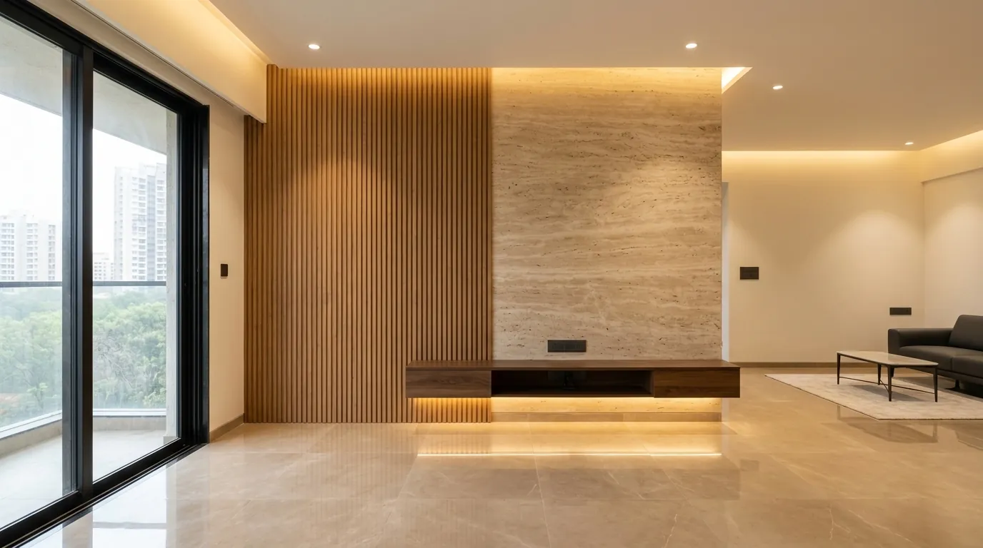 Living room by K.I.D Interior Studio with a fluted oak and travertine feature wall, floating walnut console and warm cove lighting