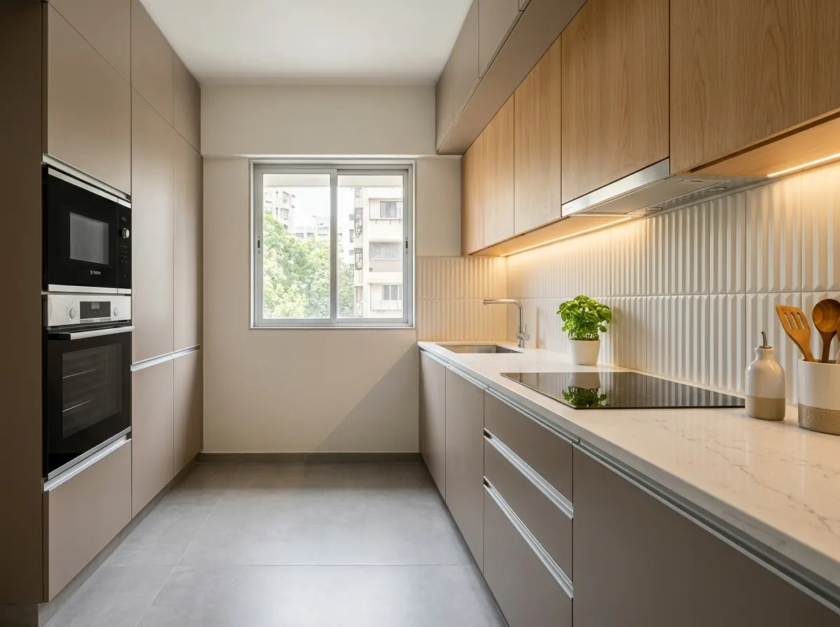 Handleless Taupe & Quartz Modular Kitchen — Kitchen interior in Juhu, Mumbai