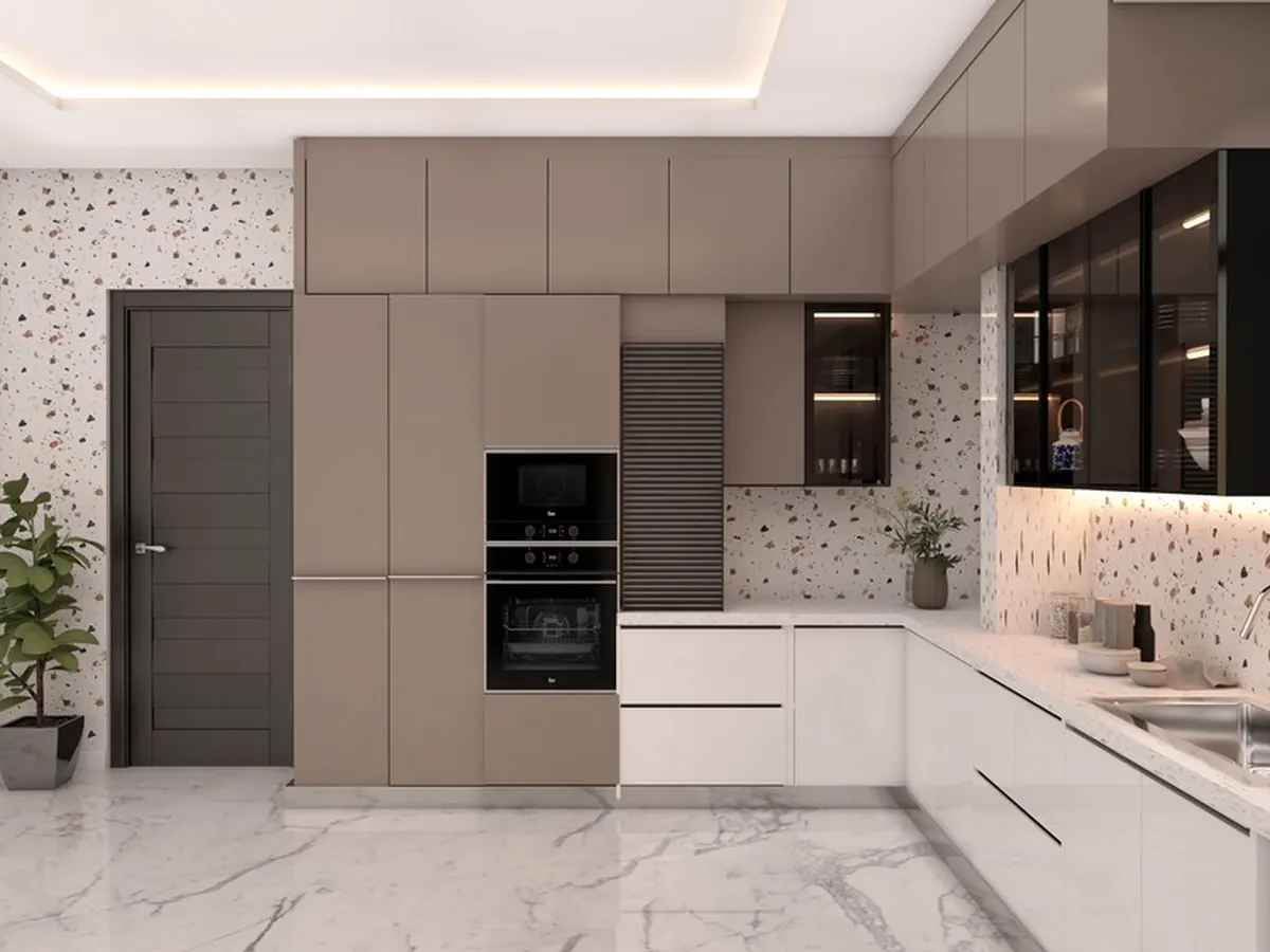 L-Shaped Gola Profile Kitchen with Fluted Tiles — Kitchen interior in Kandivali West, Mumbai