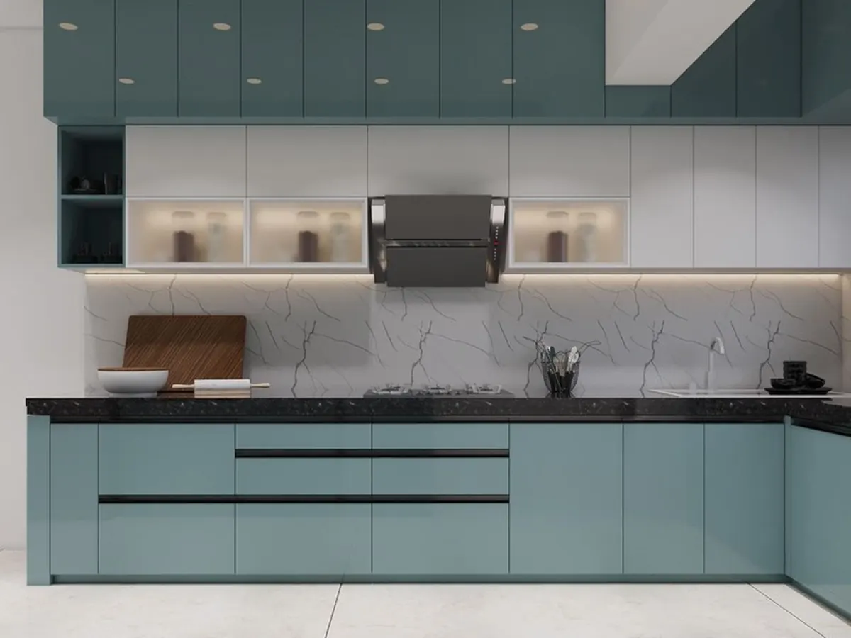 Luxury Island Modular Kitchen with Waterfall Marble — Kitchen interior in Worli, Mumbai
