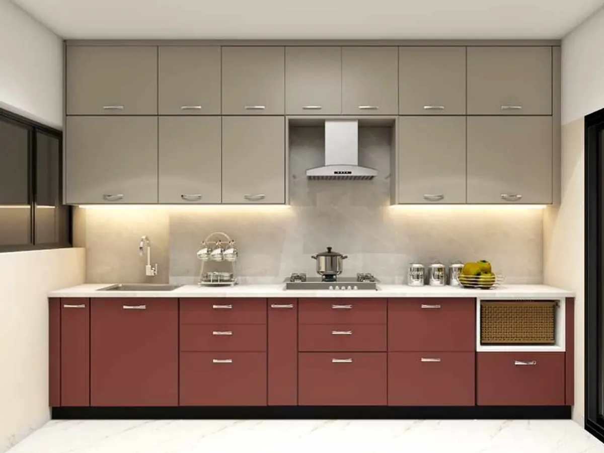 Fluted Glass Overhead Cabinets & Granite Sink — Kitchen interior in Andheri West, Mumbai