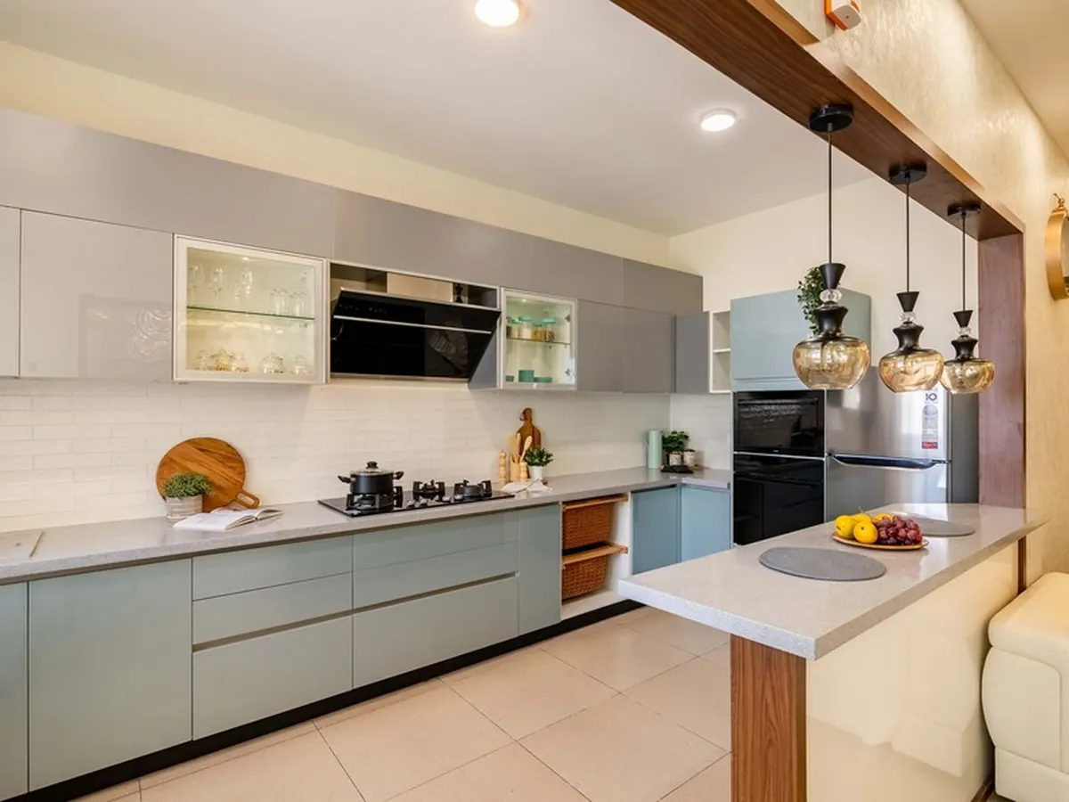 Open Kitchen with Sliding Glass Frame Partition — Kitchen interior in Bandra West, Mumbai