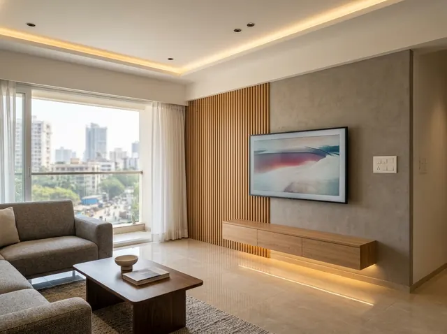 Living room with fluted oak TV wall and warm cove ceiling