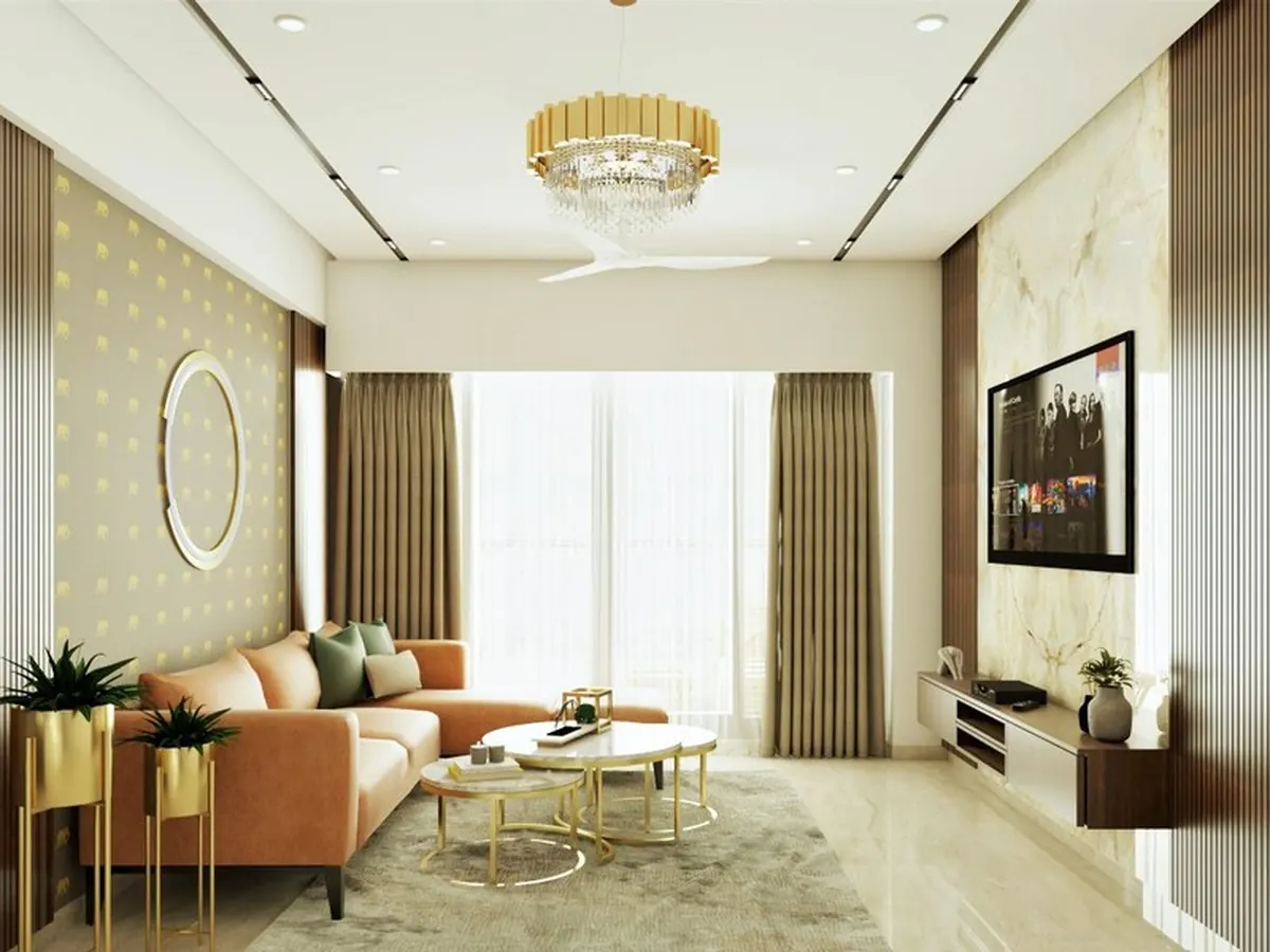 Teak Cladding & Illuminated Art Niche Living — Living Room interior in Goregaon East, Mumbai