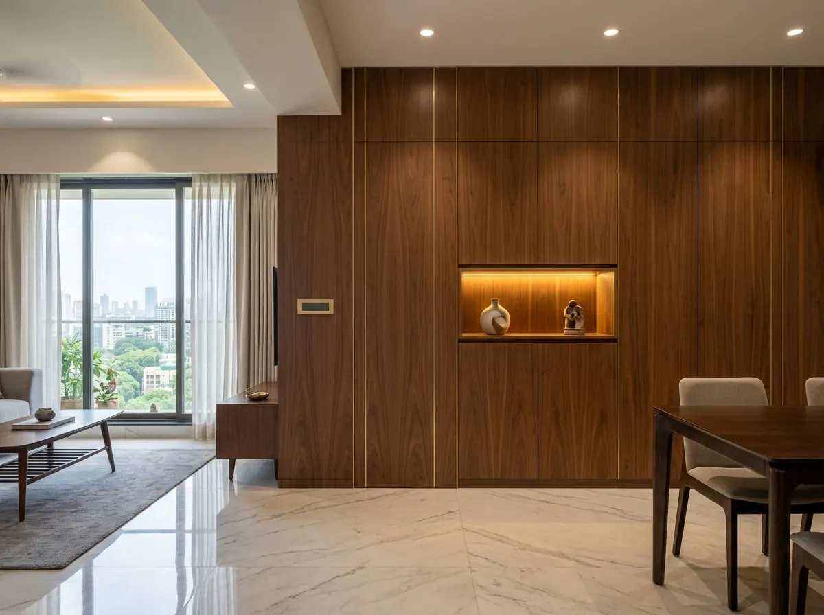 Modern Walnut & Hidden Storage Suite — Living Room interior in Kandivali West, Mumbai