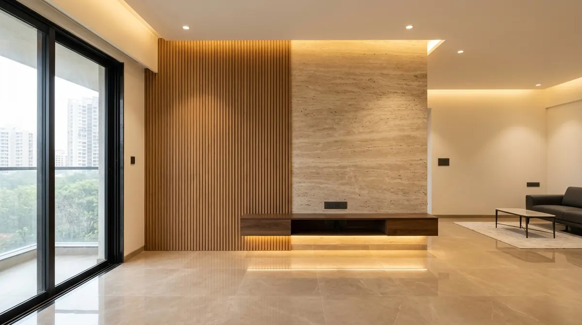 Travertine Feature Wall & Balcony Living Room — Living Room interior in Prabhadevi, Mumbai