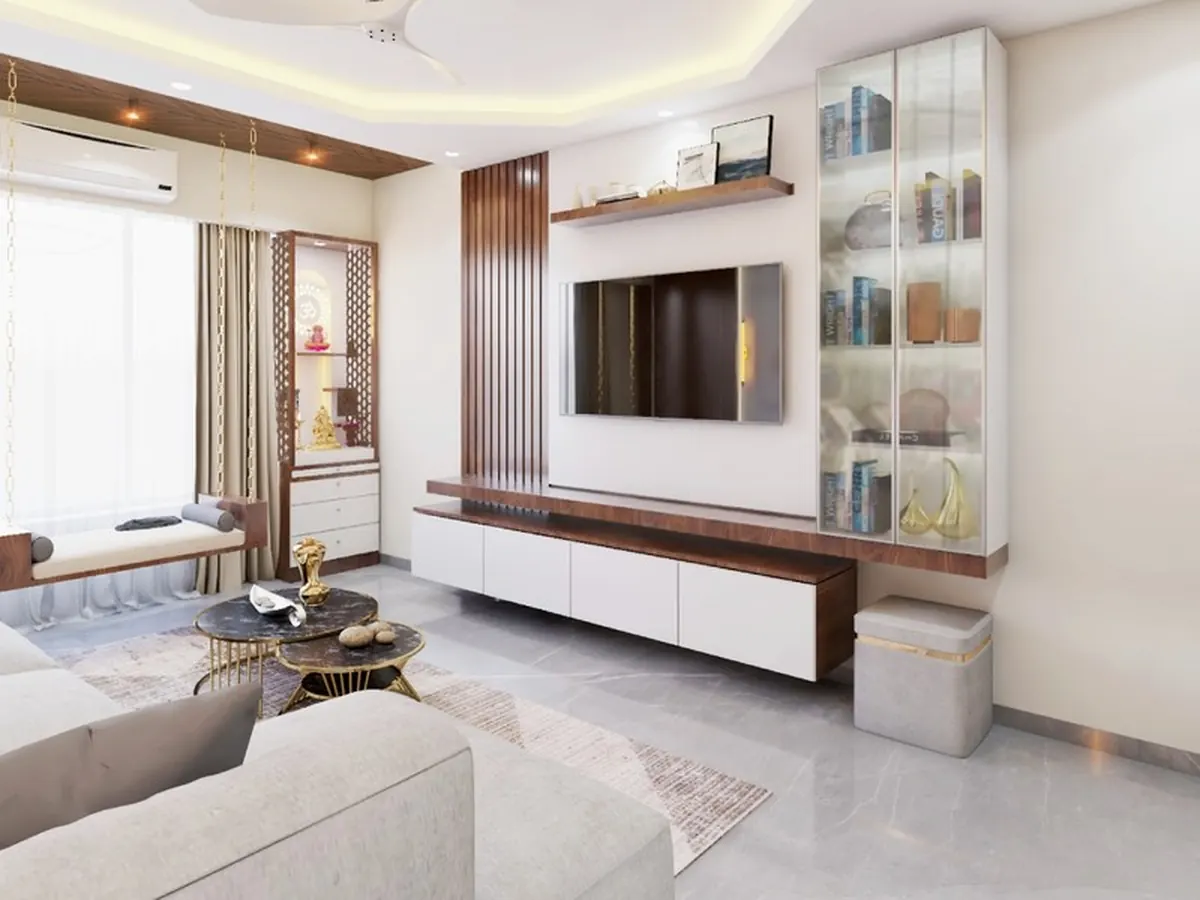 Geometric Acoustic Paneling & Media Suite — Living Room interior in Malad West, Mumbai