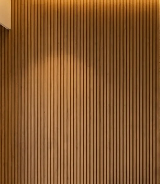 Close-up of vertical fluted oak paneling