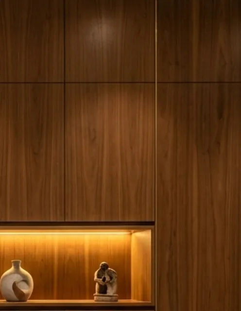 Close-up of full-height walnut wall paneling with a backlit niche