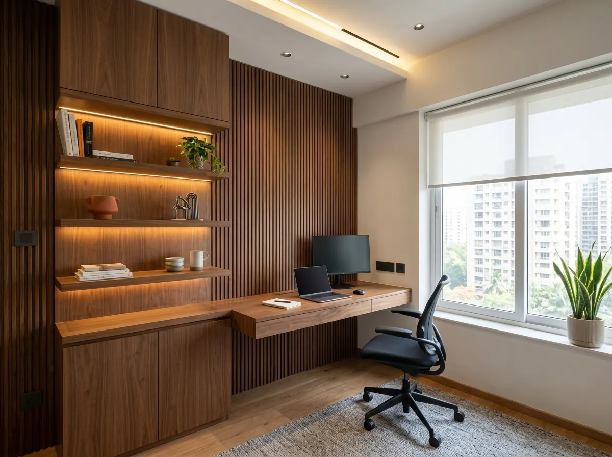 Integrated Home Office & Walnut Shelving — Office interior in BKC, Mumbai