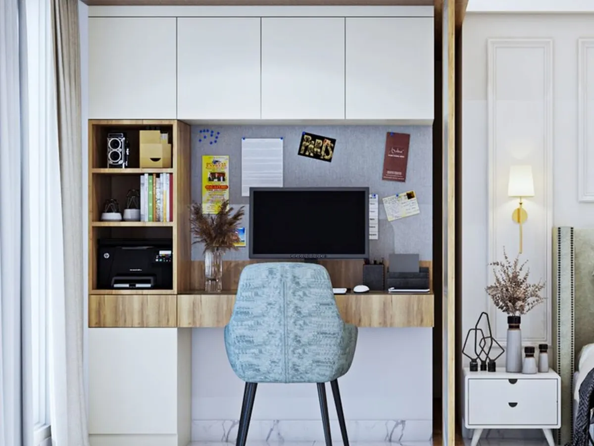 Floor-to-Ceiling Walnut Library & Window Desk — Office interior in Bandra West, Mumbai